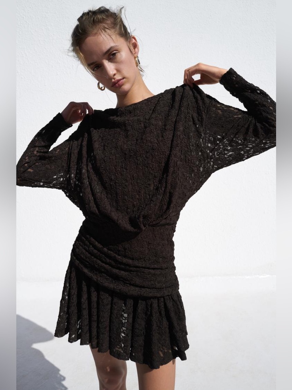 Zara brown Lace Long Sleeve Drop-Waist Dress size M
